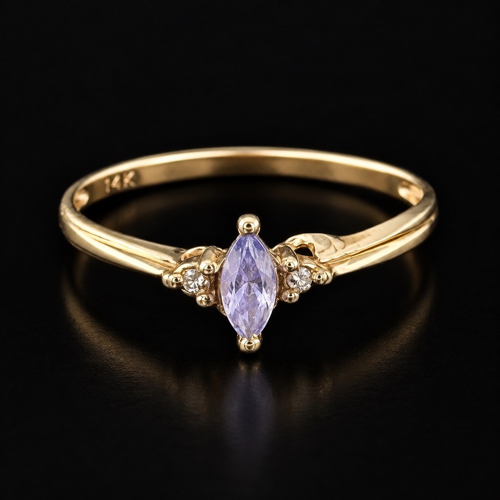 10K Yellow Gold Purple Marquise Gemstone Ring Clear Accents Size 7.5 1.10g